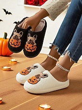 tanie Dla kobiet-damskie kapcie polarowe na Halloween z motywem buldoga francuskiego i dyni - wygodne pluszowe kapcie domowe dla kobiet i nastolatek, idealne na jesień, jako prezent świąteczny i do wygodnego