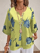 abordables Chemises-Femmes Chemise Fleuri Élégant Moderne Manche 3/4 Col en V Hauts Réguliers Quotidien Fête Imprimé Blanche Jaune Rouge Violet Bleu clair Été