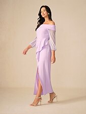preiswerte Bodenlänge-Schlauchkleid Brautmutterkleid Elegant Hoher Schlitz Schulterfrei Asymmetrisch Chiffon Langarm mit Gerafft 2025