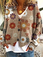 preiswerte Strickjacken und Oberbekleidung-Damen Pullover Strickjacke Mode Streetwear Täglich Blumen Gerippt V Ausschnitt Gestrickt Druck Langarm Normale Oberteile Stricken Ferien Ausgehen Wochenende Braun Herbst Winter
