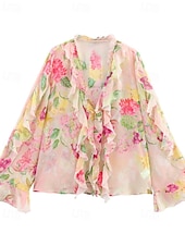 billige Blomstrete topper-Dame Skjorte Bluse Blomsternål i krystall Stilfull Moderne Langermet V-hals Vanlige topper Ferie Ut på byen Trykt mønster Rosa Høst