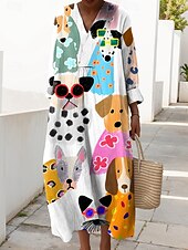preiswerte Streifen- und geometrische Kleider-Damen Midikleid Sommerkleid Shiftkleid Urlaub Lässig Strand Ausgehen Strand Lässiger Schnitt Grafik Tiermotiv Langarm V Ausschnitt Schwarz Weiß Grün Sommer Frühling Herbst