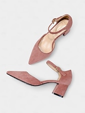 abordables Block Heels-Escarpins à talons compensés en daim rose pour femme, avec bride à la cheville – élégants escarpins à bout pointu et détails charmants pour mariages, fêtes et tenues de bureau
