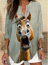 abordables Animaux Tops-Femmes Hauts d&#039;été Graphique Animal Damas ancien Tropical Hawaïen manche longue Col en V Hauts Réguliers Quotidien Fête Tenue de plage Imprimé Vert cendré Noir Gris Clair Été Printemps HORSE