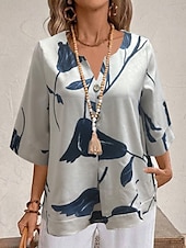 abordables Chemises-Femmes Chemise Fleuri Élégant Moderne Manche 3/4 Col en V Hauts Réguliers Quotidien Fête Imprimé Blanche Jaune Rouge Violet Bleu clair Été