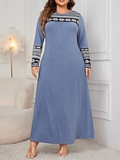 preiswerte Kleider-Damen Übergröße Freizeitkleid Blumen Rundhalsausschnitt Langarm Frühling Herbst Elegant Mode Modern Lässig Maxikleid Täglich Ferien Kleid
