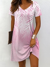 billiga Blommiga klänningar-Dam Mini klänning Vardagsklänning T shirtklänning Solklänning A linjeklänning Semester Ledigt Boho Strand Normal Nyans Grafisk Löv Kortärmad V-hals Rodnande Rosa Blå Purpur Grön Sommar Vår