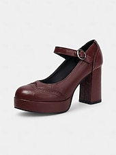 cheap 1950s-Women&#039;s Apricot Mary Jane Platform Pumps - 1950s Retro Chunky Heel Shoes with Brogue Detailing and Adjustable Strap for Office, Tea Parties, and Daily Wear
