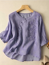 tanie Koszule-Damskie Koszula Bluzka Koszule bawełniane lniane Jednokolorowe Elegancki Codzienny Rękaw 3/4 Półgolf Zwykłe topy Codzienny Haft Guziki Żółty Czerwony Fioletowy Zielony Lato Wiosna