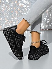 baratos Festa da Vida Noturna-Tênis femininos acolchoados com strass - sapatos de festa com cadarço preto e prata para vida noturna, baladas e streetwear moderno
