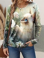 Women's T shirt Crew Neck Long Sleeve Tunic Floral Graphic Cat Vintage Stylish Classic  Round Neck Regular Tops Daily Weekend Print Green Spring Fall4