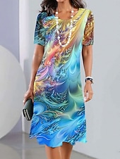 levne Šaty umění a designu-Elegantní dámské večerní midi šaty s krátkým rukávem a výstřihem do krku A-line šaty ležérní boho regular fit ombre grafika geometrická černá víno modrá nebeská modrá