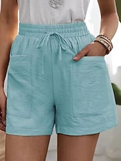 baratos Shorts-Mulheres chinês Calção Moda Roupa de rua Básico Curto Cintura Alta Tecido Bolsos Cintura elástica Confortável Macio Com Stretch Ao ar livre Rua Branco Rosa Azul cáqui Verão Primavera Normal