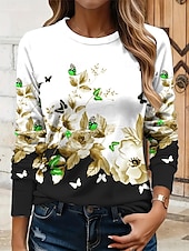 economico T-shirt floreale-Per donna Maglietta Floreale Grafico Farfalla Vintage Elegante Classico Manica Lunga Girocollo Top Regolari Quotidiano Stampato Giallo Rosso Blu Viola Verde Estate Primavera Autunno