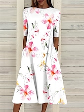 economico Abito Floreale-Per donna Abito Midi Vestito T-Shirt Abito a trapezio Abito Estivo Vacanza Casual Spiaggia Data Abito Estivo Vestibilità regolare Floreale Grafico Manica Corta Girocollo Bianco Rosa Blu Azzurro cielo