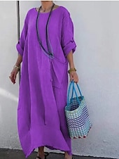 abordables concevoir des robes en coton et lin-Femmes Robe Longue Maxi Robe Robe Décontractée Mode Moderne Extérieur Vacances Fête Coupe régulière Uni manche longue Col ras du cou Blanche Jaune Rose Claire bleu marine Automne