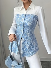 economico Top Floreali-Per donna Camicia Blusa Fiore Elegante Moderno Manica Lunga Colletto a Camicia Top Regolari Ferie Uscire Patchwork Stampato Azzurro cielo Autunno