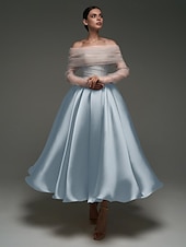 preiswerte Cocktailkleider-Rosa Ballkleid Satin A-Linien Cocktail Elegante Kleider Formelle Hochzeit Knöchellänge Langarm Schulterfrei Abnehmbar mit Schal