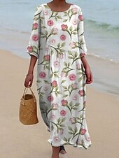 preiswerte Blumenkleid-Damen Midikleid Freizeitkleid Druckkleid Mode Modern Täglich Strand Wochenende Normale Passform Blumen Dreiviertelarm Rundhalsausschnitt Weiß Fuchsie Khaki Aprikose Sommer Frühling Herbst