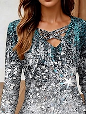 baratos Camiseta de Arte &amp; Design-Mulheres Camiseta Âmbar Gráfico Abstrato Vintage à moda Clássico Manga Longa Decote V Tops regulares Diário Com Corte Imprimir Cinzento Escuro Primavera Outono Inverno