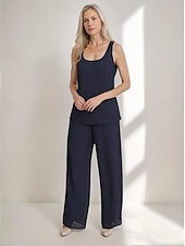 cheap Mom&#039;s Pant Suits-3 Piece Mother of the Bride Pantsuits Elegant Simple Luxurious Square Neck Floor Length Chiffon 3/4 Length Gathered Sleeve with Crystals Cascading Ruffles 2025