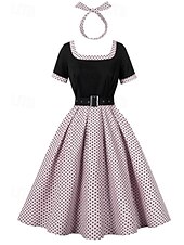 levne Šaty-Retro 50. léta Rockabilly Polední Houpací šaty Flare šaty S páskem S kapsami Puntíky Dámské Plesová maškaráda Dovolená Ležérní Retro tematická párty Dospělé Šaty Čelenka Jaro léto