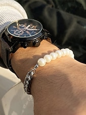 tanie Biżuteria męska-męski zestaw biżuterii z pereł i łańcuszków – modny naszyjnik i bransoletka z pół perły, pół metalu na styl uliczny, hip-hopowy i imprezowy