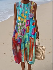 Dames Halflange jurk Zonnejurk Vakantie Casual Boho Feest Strand Ruim Passend Geometrisch Mouwloos Ronde hals Blozend Roze Rood blauw Oranje Zomer Lente voordelige Gestreepte & Geometrische Jurken-Dames Halflange jurk Zonnejurk Vakantie Casual Boho Feest Strand Ruim Passend Geometrisch Mouwloos Ronde hals Blozend Roze Rood blauw Oranje Zomer Lente
