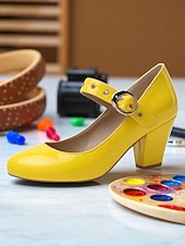 お買い得  Block Heels-カジュアルなデートに最適な、バックルストラップ付きのレディース用ホワイトパテントレザーブロックヒールメリージェーンシューズ