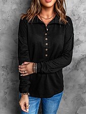 abordables Hauts Unis pour Femmes-Femmes Pull Uni Streetwear Occasionnel Confortable manche longue Col en V Hauts Réguliers Rue Fête Sortir Boutons Quart de zip Noir Blanche Gris Automne