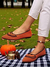 preiswerte Ballerinas für Damen-Orangefarbene Flyknit-Ballerinas für Damen – atmungsaktive Slipper mit spitzer Spitze und schwarzem Besatz für Halloween-Partys, Herbstpicknicks und den lässigen Alltag
