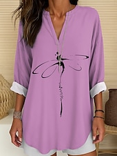 abordables Animaux Tops-Femmes Chemisier Graphique Animal Libellule ancien Tropical Hawaïen manche longue Col en V Hauts Réguliers Quotidien Fête Tenue de plage Imprimé Blanche Bleu Violet Vert Été Printemps