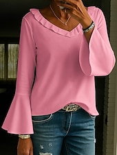 cheap Plain tee-Women&#039;s Tunic Solid Color Elegant Vintage Stylish Long Sleeve V Neck Regular Tops Daily White Yellow Pink Green Spring Fall