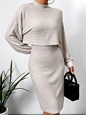 levne Pletené šaty-Dámské Sada šatů Slip Dress Na běžné nošení Semiformální šaty Bez vzoru Design Mini šaty Dlouhý rukáv Tričkový Venkovní Rande Černá Nebeská modř Meruňková Jaro Podzim Běžný