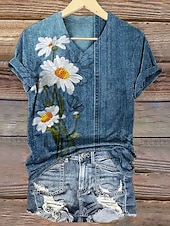 billige Boho t-skjorte-Dame T skjorte Blomstret Grafisk Geometrisk Bohem Årgang Tropisk Kortermet Crew-hals Vanlige topper Daglig Ut på byen Helg Trykt mønster Blå matt-hvit Sommer Vår
