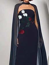 abordables BLEU-Robe à fleurs brodée, robe cape, robe fourreau/colonne, robe de soirée, crêpe extensible, robe élégante, robe de mariée formelle, longueur au sol, sans manches, sans bretelles, 2025