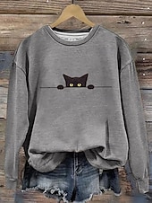 preiswerte Halloween Sweatshirt und Hoodie-Damen Pullover Sweatshirt Grafik Tiermotiv Katze Mode Lässig Langarm Rundhalsausschnitt Normale Oberteile Straße Alltagskleidung Lässig Druck Weiß Rosa Orange Beige Grau Herbst Winter