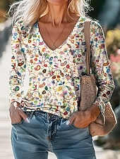 abordables T-shirt Boho-Femmes Chemisier Fleuri Bohème Quotidien manche longue Col en V Hauts Réguliers Quotidien Fête Imprimé Noir Blanche Violet Vert Abricot Été Printemps Automne
