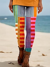 billiga -Dam Damasker Semester Vintage Etnisk Stil Fullängd Hög midja Grafisk Geometrisk Rutig 3D-utskrift Mateial som andas Mjuk Bekväm Hög Elasisitet Utomhus Hem Casual Violett Blå Regnbåge Sommar Vår Höst
