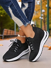 baratos Ténis de mulher-Tênis feminino flyknit com salto oculto, estilo esportivo com listras ousadas, perfeito para uso diário, caminhadas e passeios casuais