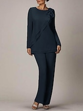 billige Mammas buksedresser-Strandbryllup to-delt jumpsuit  buksedress mor til bruden bryllups gjest elegant pluss størrelse juvelhals gulvlengde chiffon lang erme med sløyfe(r) volanger