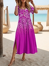 billige Boho-kjoler-Dame Maxikjole T skjortekjole Solkjole Skiftkjole Ferie Fritid Strandstil Fest Strand Normal Nyanse Grafisk Geometrisk Kortermet Crewneck Gul Rød Blå Lilla Sommer Vår