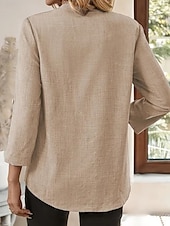 abordables Chemises-Femmes Chemises en coton et lin Couleur Unie Élégant Occasionnel manche longue Col en V Hauts Réguliers Quotidien Boutons Bleu Violet Vert Kaki Beige Été Printemps