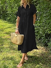 abordables Robe Rayée et Géométrique-Femmes Robe Longue Maxi Robe Robe Chemise Robe Décontractée Mode Extérieur Soirée Fête Coupe régulière Rayé Manche Courte Col de chemise Noir Blanche Jaune Rose Claire Été