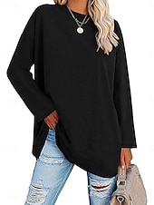 economico T-shirt semplice-Camicia da donna in 100% cotone blouse colore solido stilosa casual maniche lunghe colletto rotondo regolari top quotidiano nero bianco giallo rosa primavera autunno pre-autunno