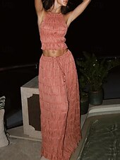billiga Blusdräkter för kvinnor-Dam Aktiv Streetwear Blus Kjoluppsättningar Långärmad Halterneck Ensfärgat Rynkad Dagligen Ledigt / vardag Svart Vit Rodnande Rosa Sommar Normal