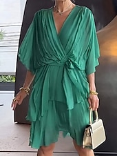 cheap Chiffon Dresses-Women's Mini Dress Cocktail Dress Wedding Guest Dress Chiffon Chiffon Dress Fashion Modern Outdoor Vacation Regular Fit Plain 3/4 Length Sleeve V Neck Green Summer Spring Fall Autumn