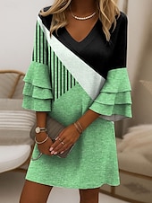 preiswerte Streifen- und geometrische Kleider-Damen Minikleid Sommerkleid A Linie Kleid Stilvoll Lässig Party Normale Passform Grafik Geometrisch Abstrakt Dreiviertelarm V Ausschnitt Blau Purpur Grün Khaki Sommer Frühling