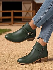 abordables Botines-Botines marrones de piel sintética para mujer: botines de tacón bajo con hebilla y cremallera lateral para salidas de otoño, paseos por el campo y uso diario.