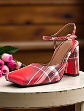 cheap Block Heels-Women&#039;s Purple Plaid Block Heel Pumps –1970s Retro Square Toe High Heels with Ankle Strap for Daily Wear, Office &amp; Vintage Outfits